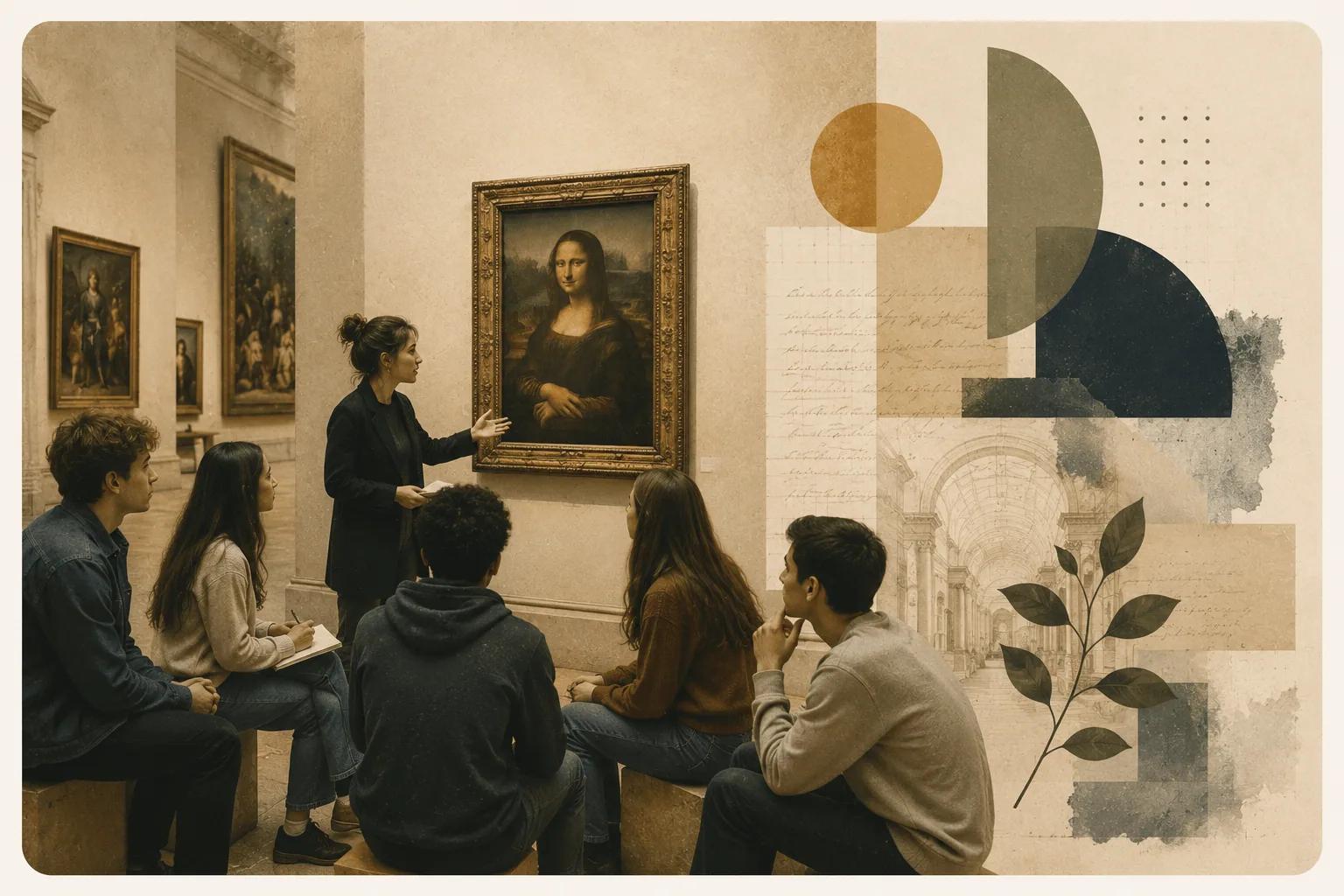 Students exploring language through art in a museum setting